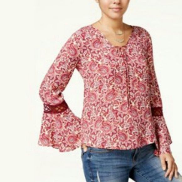 🔥3/30 HIPPIE ROSE Boho Paisley Crochet Bell Sleeve Top - Picture 1 of 8